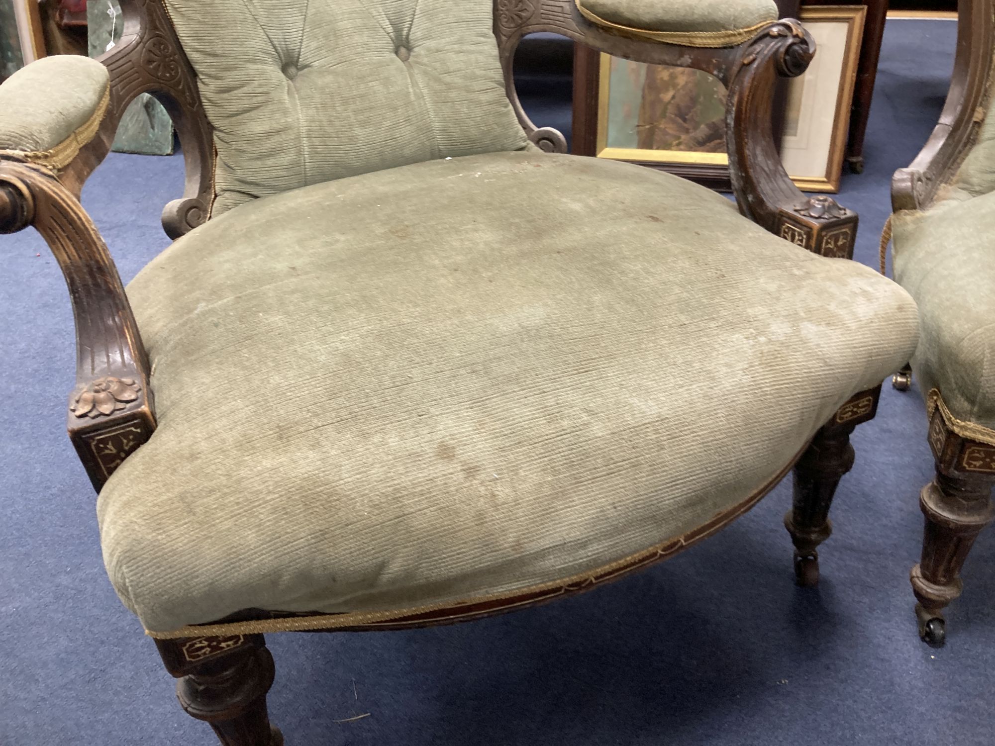 A pair of Victorian spoonback chairs, inset oval jasper plaques (one with arms)
